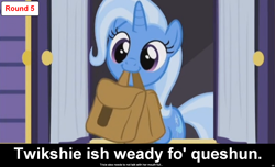 Size: 1600x973 | Tagged: safe, edit, edited screencap, screencap, character:trixie, species:pony, species:unicorn, comic:celestia's servant interview, episode:to where and back again, g4, my little pony: friendship is magic, caption, cs captions, cute, diatrixes, female, interview, mare, mouth hold, saddle bag, solo, to saddlebags and back again, trixie's wagon