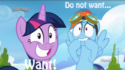 Size: 1366x768 | Tagged: safe, edit, edited screencap, screencap, character:rainbow dash, character:twilight sparkle, character:twilight sparkle (alicorn), species:alicorn, species:pony, episode:top bolt, g4, my little pony: friendship is magic, caption, discovery family logo, do not want, faec, grin, hoof biting, lip bite, meme, reaction image, smiling, varying degrees of want, want