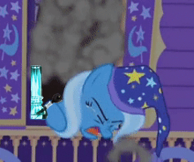 Size: 396x331 | Tagged: safe, edit, edited screencap, screencap, character:trixie, species:pony, species:unicorn, episode:to where and back again, g4, my little pony: friendship is magic, 420, 420 blaze it, animated, bong, clothing, coughing, dank, drugs, female, gif, hat, high, mare, marijuana, night, nightcap, smoke, smoke weed erryday, smoke weed everyday, smoking, solo, soot, stoned, stoned trixie