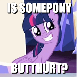 Size: 352x354 | Tagged: safe, edit, edited screencap, screencap, character:twilight sparkle, character:twilight sparkle (alicorn), species:alicorn, species:pony, episode:to where and back again, g4, my little pony: friendship is magic, butthurt, caption, female, image macro, meme, question, sarcasm, solo, u mad