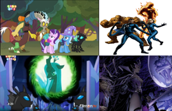 Size: 1971x1280 | Tagged: safe, edit, edited screencap, screencap, character:discord, character:queen chrysalis, character:starlight glimmer, character:thorax, character:trixie, species:changeling, species:pony, species:unicorn, episode:to where and back again, g4, my little pony: friendship is magic, changeling queen, fantastic four, female, human torch, invisible woman, mare, mr. fantastic, projector, reformed four, skrull, the thing (marvel), veranke