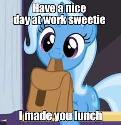 Size: 1048x1080 | Tagged: safe, edit, edited screencap, screencap, character:trixie, species:pony, species:unicorn, episode:to where and back again, g4, my little pony: friendship is magic, bag, caption, curtains, cute, diatrixes, female, image macro, mare, meme, mouth hold, nom, saddle bag, solo, to saddlebags and back again, trixie yells at everything, trixie's wagon, waifu, weapons-grade cute, window