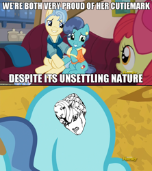 Size: 1280x1444 | Tagged: safe, edit, edited screencap, screencap, character:petunia paleo, species:earth pony, species:pony, episode:the fault in our cutie marks, g4, my little pony: friendship is magic, caption, cutie mark, discovery family logo, exploitable meme, image macro, it just works, jojo's bizarre adventure, king crimson, meme, petunia paleo's unsettling cutie mark, solo, this will end in tears and/or death