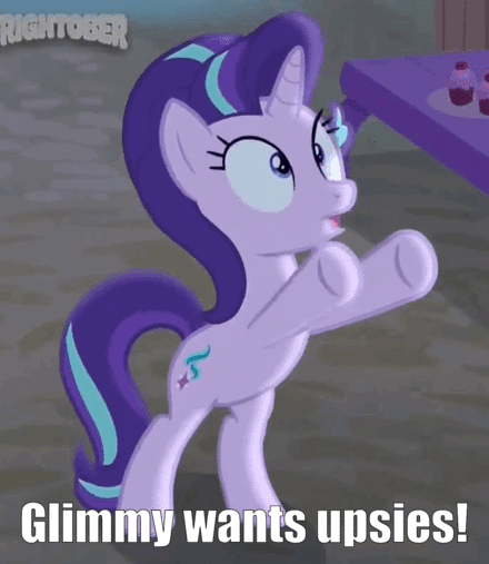Size: 440x507 | Tagged: safe, edit, edited screencap, screencap, character:starlight glimmer, species:pony, species:unicorn, episode:to where and back again, g4, my little pony: friendship is magic, animated, baby talk, bipedal, bronybait, cute, female, frown, gif, glimmerbetes, glimmy, hug request, image macro, impact font, looking up, loop, mare, meme, open mouth, solo, underhoof, upsies, wide eyes