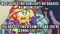 Size: 320x180 | Tagged: safe, edit, edited screencap, screencap, character:comet tail, character:flash sentry, character:rainbow dash, character:sunset shimmer, character:twilight sparkle, character:twilight sparkle (scitwi), species:eqg human, ship:cometlight, ship:flashlight, ship:sunsetsparkle, ship:twidash, equestria girls:friendship games, g4, my little pony: equestria girls, my little pony:equestria girls, angry, camp lazlo, crossover, darkness, exploitable meme, female, image macro, irony, lesbian, low res image, male, meme, moonlight, pun, shipping, shipping denied, straight, sunlight, sunset yells at twilight