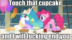 Size: 600x336 | Tagged: safe, edit, edited screencap, screencap, character:pinkie pie, character:princess celestia, species:alicorn, species:earth pony, species:pony, episode:a bird in the hoof, g4, my little pony: friendship is magic, balloon, cake, caption, cup, cupcake, eyes on the prize, female, food, image macro, levitation, looking at something, magic, mare, open mouth, pie, puffy cheeks, roflbot, sandwich, smiling, table, teacup, telekinesis, this will end in banishment, this will end in tears and/or a journey to the moon, vulgar