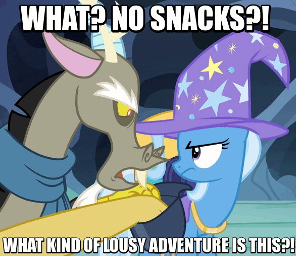 Size: 586x508 | Tagged: safe, edit, edited screencap, screencap, character:discord, character:trixie, species:pony, species:unicorn, episode:to where and back again, g4, my little pony: friendship is magic, animated, annoyed, clothing, complaining, female, gif, image macro, mare, meme, saddle bag, scarf, searching, snacks