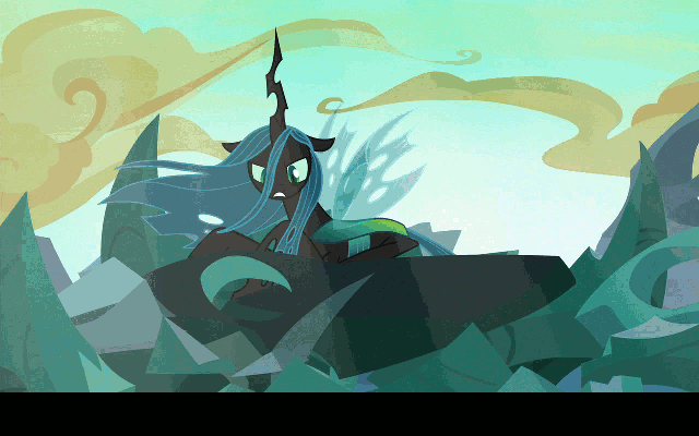 Size: 640x400 | Tagged: safe, edit, screencap, character:queen chrysalis, character:starlight glimmer, species:changeling, episode:to where and back again, g4, my little pony: friendship is magic, animated, caption, changeling hive, changeling queen, cloud, defeated, female, former queen chrysalis, gif, leadership, lying down, sky, text, windswept mane