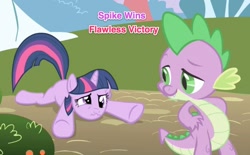 Size: 901x558 | Tagged: safe, edit, edited screencap, screencap, character:spike, character:twilight sparkle, character:twilight sparkle (unicorn), species:dragon, species:pony, species:unicorn, episode:friendship is magic, g4, my little pony: friendship is magic, caption, duo, female, male, mare, mortal kombat, pink text, purple text, wavy mouth