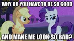 Size: 624x346 | Tagged: safe, edit, edited screencap, screencap, character:applejack, character:rarity, species:earth pony, species:pony, species:unicorn, episode:sisterhooves social, g4, my little pony: friendship is magic, duo, duo female, female, image macro, mare, meme, night