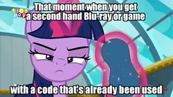 Size: 1265x715 | Tagged: safe, edit, edited screencap, screencap, character:twilight sparkle, character:twilight sparkle (alicorn), species:alicorn, species:pony, episode:top bolt, g4, my little pony: friendship is magic, angry, female, image macro, meme, mouthpiece, obligatory pony, sleep mask, solo
