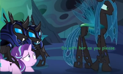 Size: 696x421 | Tagged: safe, edit, edited screencap, screencap, character:queen chrysalis, character:starlight glimmer, species:changeling, species:pony, species:unicorn, episode:to where and back again, g4, my little pony: friendship is magic, changeling guard, changeling queen, female, image macro, mare, meme, restrained