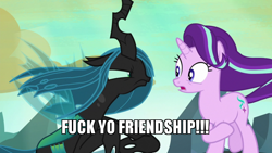 Size: 800x450 | Tagged: safe, edit, edited screencap, screencap, character:queen chrysalis, character:starlight glimmer, species:changeling, episode:to where and back again, g4, my little pony: friendship is magic, caption, changeling queen, female, former queen chrysalis, meme, vulgar