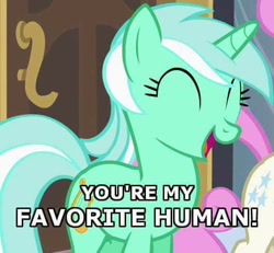 Size: 530x490 | Tagged: safe, edit, edited screencap, screencap, character:lyra heartstrings, bronybait, caption, cute, eyes closed, humie, image macro, lyrabetes, meme, open mouth, smiling, solo focus, text