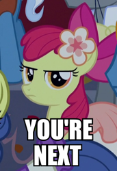 Size: 400x585 | Tagged: safe, edit, edited screencap, screencap, character:apple bloom, episode:make new friends but keep discord, g4, my little pony: friendship is magic, apple bloom is not amused, female, filly, goldberg, image macro, implied threat, meme, solo, wwe
