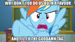 Size: 1920x1080 | Tagged: safe, edit, edited screencap, screencap, character:rainbow dash, episode:top bolt, g4, my little pony: friendship is magic, angry, female, filters, frown, glare, image macro, looking at you, meme, open mouth, pointing, question, reaction image, solo, spread wings, uvula, vulgar, wings
