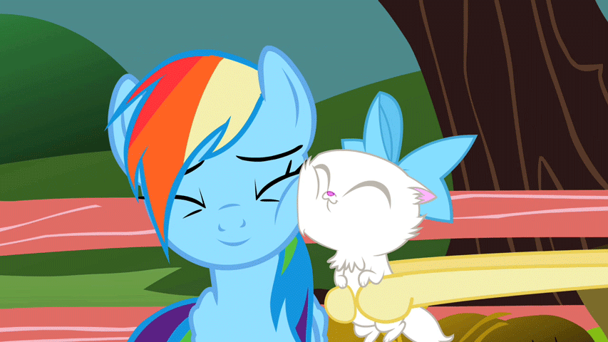 Size: 853x480 | Tagged: safe, edit, edited screencap, screencap, character:fluttershy, character:rainbow dash, episode:may the best pet win, g4, my little pony: friendship is magic, animated, cat, cute, dashabetes, eyes closed, inverted mouth, loop, mitsy, nuzzling, offscreen character, smiling, snuggling, squishy cheeks