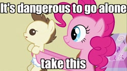Size: 1100x618 | Tagged: safe, edit, edited screencap, screencap, character:pinkie pie, character:pound cake, episode:baby cakes, g4, my little pony: friendship is magic, image macro, it's dangerous to go alone, meme, the legend of zelda