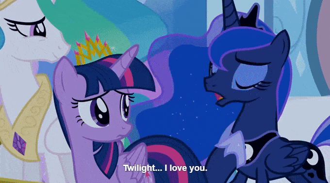 Size: 680x378 | Tagged: safe, edit, edited screencap, screencap, character:princess celestia, character:princess luna, character:twilight sparkle, character:twilight sparkle (alicorn), species:alicorn, species:pony, ship:twiluna, episode:twilight's kingdom, g4, my little pony: friendship is magic, animated, confession, eye contact, fake, female, frown, gif, lesbian, looking at each other, mare, open mouth, shipping, smiling, subtitles, talking