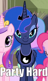Size: 203x340 | Tagged: safe, edit, edited screencap, screencap, character:pinkie pie, character:princess cadance, character:princess celestia, character:princess luna, episode:to where and back again, g4, my little pony: friendship is magic, animated, cropped, dancing, gif, lidded eyes, meme, party hard, stupid sexy princess luna, text