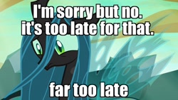 Size: 1280x720 | Tagged: safe, edit, edited screencap, screencap, character:queen chrysalis, species:changeling, episode:to where and back again, g4, my little pony: friendship is magic, changeling queen, female, former queen chrysalis, image macro, meme, sad, solo, the joker, the killing joke