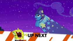 Size: 600x337 | Tagged: safe, edit, edited screencap, screencap, character:trixie, species:pony, species:unicorn, episode:no second prances, g4, my little pony: friendship is magic, cannon, exploitable meme, inappropriate timing spongebob banner, meme, night, stars