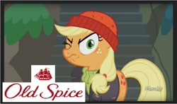 Size: 839x495 | Tagged: safe, edit, edited screencap, screencap, character:applejack, episode:p.p.o.v. (pony point of view), g4, my little pony: friendship is magic, captain jackbeard, discovery family logo, female, old spice, solo