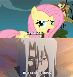 Size: 500x532 | Tagged: safe, edit, edited screencap, screencap, character:fluttershy, species:human, species:pegasus, species:pony, crossover, female, frown, glare, image macro, kalin kessler, kiryu, lidded eyes, looking back, male, mare, meme, open mouth, text, yu-gi-oh!, yu-gi-oh! 5d's