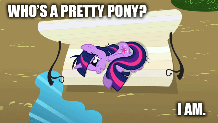 Size: 853x480 | Tagged: safe, edit, edited screencap, screencap, character:twilight sparkle, episode:lesson zero, g4, my little pony: friendship is magic, animated, bench, breakdown, female, image macro, loop, overhead view, petting, solo, talking, twilight snapple