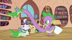 Size: 1312x737 | Tagged: safe, edit, edited screencap, screencap, character:gummy, character:opalescence, character:owlowiscious, character:spike, character:tank, character:winona, episode:just for sidekicks, g4, my little pony: friendship is magic, cartoon physics, cinemare sins, duality, great moments in animation, wat