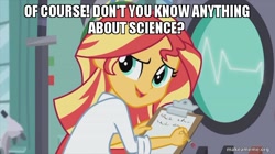 Size: 800x449 | Tagged: safe, edit, edited screencap, screencap, character:sunset shimmer, episode:the science of magic, g4, my little pony: equestria girls, my little pony:equestria girls, atop the fourth wall, female, image macro, linkara, meme, solo, superman at earth's end