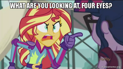 Size: 800x450 | Tagged: safe, edit, edited screencap, screencap, character:sunset shimmer, character:twilight sparkle, character:twilight sparkle (scitwi), species:eqg human, my little pony:equestria girls, angry, exploitable meme, hurricane neddy, image macro, meme, sunset yells at twilight, the simpsons