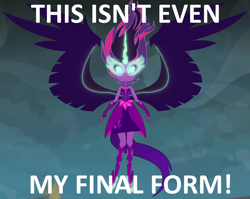 Size: 1264x1008 | Tagged: safe, edit, edited screencap, screencap, character:midnight sparkle, character:twilight sparkle, character:twilight sparkle (scitwi), species:eqg human, equestria girls:friendship games, g4, my little pony: equestria girls, my little pony:equestria girls, caption, female, image macro, meme, midnight sparkle, solo, this isn't even my final form