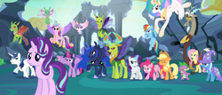 Size: 2523x1080 | Tagged: safe, edit, screencap, character:applejack, character:discord, character:fluttershy, character:pinkie pie, character:princess cadance, character:princess celestia, character:princess flurry heart, character:princess luna, character:rainbow dash, character:rarity, character:shining armor, character:spike, character:starlight glimmer, character:thorax, character:trixie, character:twilight sparkle, character:twilight sparkle (alicorn), species:alicorn, species:changeling, species:draconequus, species:dragon, species:pony, species:reformed changeling, species:unicorn, episode:to where and back again, g4, my little pony: friendship is magic, alicorn pentarchy, angry, changeling king, colored wings, female, flying, glowing horn, gradient wings, group shot, male, mane seven, mane six, mare, stallion