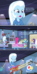 Size: 632x1256 | Tagged: safe, edit, edited screencap, screencap, character:applejack, character:dj pon-3, character:pinkie pie, character:rainbow dash, character:rarity, character:trixie, character:vinyl scratch, episode:guitar centered, equestria girls:rainbow rocks, g4, my little pony: equestria girls, my little pony:equestria girls, abuse, boots, clothing, electric guitar, guitar, high heel boots, ponied up, ponytail, rainbow douche, screencap comic, skirt, trixiebuse, wings