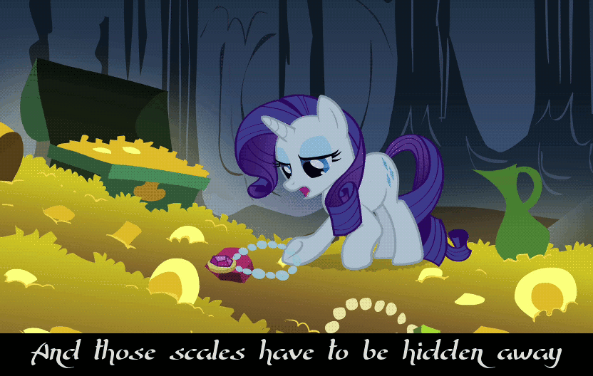 Size: 832x528 | Tagged: safe, edit, screencap, character:basil, character:rarity, species:dragon, species:pony, episode:dragonshy, g4, my little pony: friendship is magic, season 1, amulet, animated, bracelet, caption, cave, crown, flattery, gif, giggling, greed, jewelry, leaning, lidded eyes, petting, pose, regalia, ring, scales, smirk, smoke, text, thief, treasure