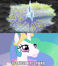 Size: 853x960 | Tagged: safe, edit, edited screencap, screencap, character:princess celestia, episode:the crystal empire, g4, my little pony: friendship is magic, bullshit, cloud, crystal empire, grin, image macro, insane troll logic, it's just a prank bro, meme, op is a duck, op is on drugs, op is trying to start shit, smiling, trollestia