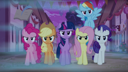 Size: 1920x1080 | Tagged: safe, edit, screencap, character:applejack, character:fluttershy, character:pinkie pie, character:rainbow dash, character:rarity, character:twilight sparkle, character:twilight sparkle (alicorn), species:alicorn, species:pony, episode:to where and back again, g4, my little pony: friendship is magic, angry, dream, evil applejack, evil fluttershy, evil grin, evil mane six, evil pinkie pie, evil rainbow dash, evil rarity, evil twilight, fog, inverted mouth, looking at you, mane six, misty (weather), our town, smiling, this will not end well, village, walking towards you, wrong neighborhood