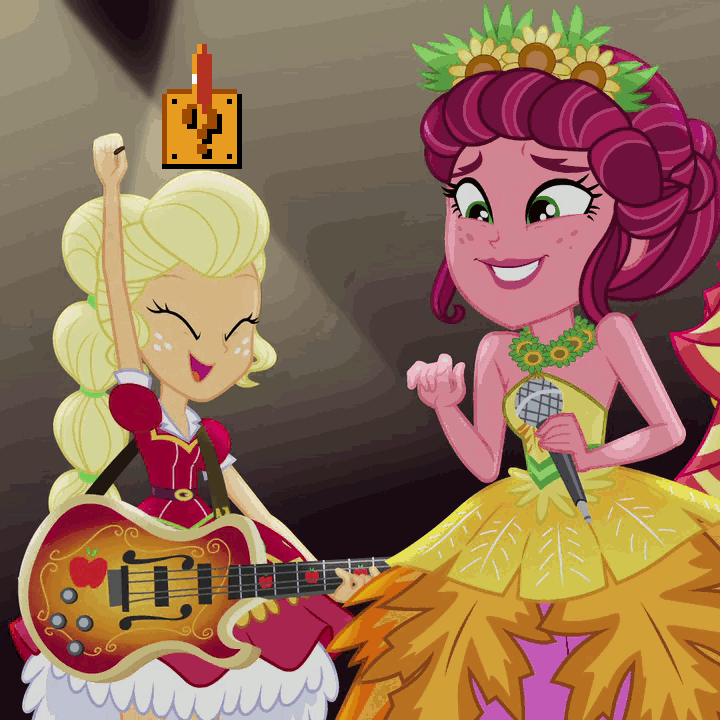 Size: 720x720 | Tagged: safe, edit, edited screencap, screencap, character:applejack, character:gloriosa daisy, equestria girls:legend of everfree, g4, my little pony: equestria girls, my little pony:equestria girls, ? block, animated, bass guitar, coin, crystal gala, cute, eyes closed, gif, jackabetes, jumping, loop, mario, microphone, musical instrument, question mark block, super mario bros.