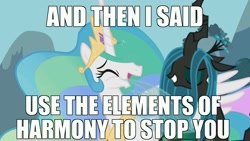 Size: 1024x576 | Tagged: safe, edit, edited screencap, screencap, character:princess celestia, character:queen chrysalis, species:alicorn, species:changeling, species:pony, changeling queen, duo, eyes closed, female, horn, image macro, laughing, mare, open mouth, spread wings, thread, wings