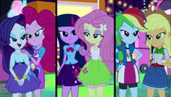 Size: 1920x1090 | Tagged: safe, edit, edited screencap, screencap, character:applejack, character:fluttershy, character:pinkie pie, character:rainbow dash, character:rarity, character:twilight sparkle, character:twilight sparkle (alicorn), ship:appledash, ship:raripie, ship:twishy, episode:a perfect day for fun, g4, my little pony: equestria girls, my little pony:equestria girls, bedroom eyes, clothing, editor needed, female, lesbian, mane six, shipping, skirt, tank top