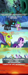 Size: 1280x3400 | Tagged: safe, edit, edited screencap, screencap, character:princess celestia, character:princess luna, character:queen chrysalis, character:shining armor, character:spike, character:starlight glimmer, character:thorax, species:changeling, species:reformed changeling, episode:the times they are a changeling, episode:to where and back again, g4, my little pony: friendship is magic, caption, changeling queen, circle of life, female, image macro, meme, the lion king, x intensifies