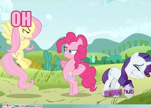 Size: 500x357 | Tagged: safe, edit, edited screencap, screencap, character:fluttershy, character:pinkie pie, character:rarity, species:earth pony, species:pegasus, species:pony, species:unicorn, episode:putting your hoof down, g4, my little pony: friendship is magic, angry, animated, bipedal, covering face, crossed hooves, crying, eye contact, facehoof, female, flying, frown, gif, glare, gritted teeth, image macro, looking at each other, mare, meme, my little brony, oh no you didn't, open mouth, pink text, raised eyebrow, sassy, spread wings, talking, wat, wings
