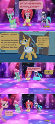 Size: 960x2158 | Tagged: safe, edit, edited screencap, screencap, character:azure velour, character:doctor horse, character:doctor stable, character:pacific glow, character:pinkie pie, species:earth pony, species:pony, episode:read it and weep, episode:the cutie re-mark, episode:the saddle row review, g4, my little pony: friendship is magic, alternate timeline, crystal war timeline, drug use, drugs, flashdancer, gritted teeth, lying down, male, mdma, ptsd, screencap comic, stallion