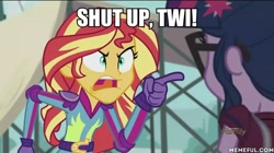 Size: 600x337 | Tagged: safe, edit, edited screencap, screencap, character:sunset shimmer, character:twilight sparkle, character:twilight sparkle (scitwi), species:eqg human, my little pony:equestria girls, angry, exploitable meme, family guy, image macro, meg griffin, meme, peter griffin, sunset yells at twilight