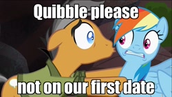 Size: 1366x768 | Tagged: safe, edit, edited screencap, screencap, character:quibble pants, character:rainbow dash, ship:quibbledash, episode:stranger than fanfiction, caption, discovery family logo, image macro, kissing, male, meme, out of context, rainbow dash is not amused, shipping, straight, unamused