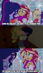 Size: 607x1024 | Tagged: safe, edit, edited screencap, screencap, character:applejack, character:rarity, character:sunset shimmer, character:twilight sparkle, character:twilight sparkle (scitwi), species:eqg human, ship:twijack, equestria girls:legend of everfree, g4, my little pony: equestria girls, my little pony:equestria girls, 3d, caption, female, gmod, kissing, lesbian, meme, shipping, sunset sees things, twolight, vulgar, wubcake