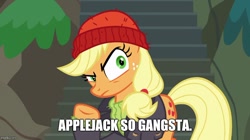 Size: 888x499 | Tagged: safe, edit, edited screencap, screencap, character:applejack, episode:p.p.o.v. (pony point of view), g4, my little pony: friendship is magic, caption, female, gangsta, glare, meme, pirate, solo