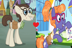 Size: 880x587 | Tagged: safe, edit, edited screencap, screencap, character:frazzle rock, character:gizmo, species:earth pony, species:pony, episode:princess spike, episode:putting your hoof down, g4, my little pony: friendship is magic, acne, adorkable, bow tie, broken glasses, bucktooth, clothing, cropped, cute, dork, female, frazzlebetes, gizzle, heart, male, mare, nerd, nerd pony, saddle bag, shipping, shipping domino, stallion, straight, sweater