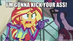 Size: 600x337 | Tagged: safe, edit, edited screencap, screencap, character:sunset shimmer, character:twilight sparkle, character:twilight sparkle (scitwi), species:eqg human, my little pony:equestria girls, angry, exploitable meme, image macro, king of the hill, meme, sunset yells at twilight, vulgar